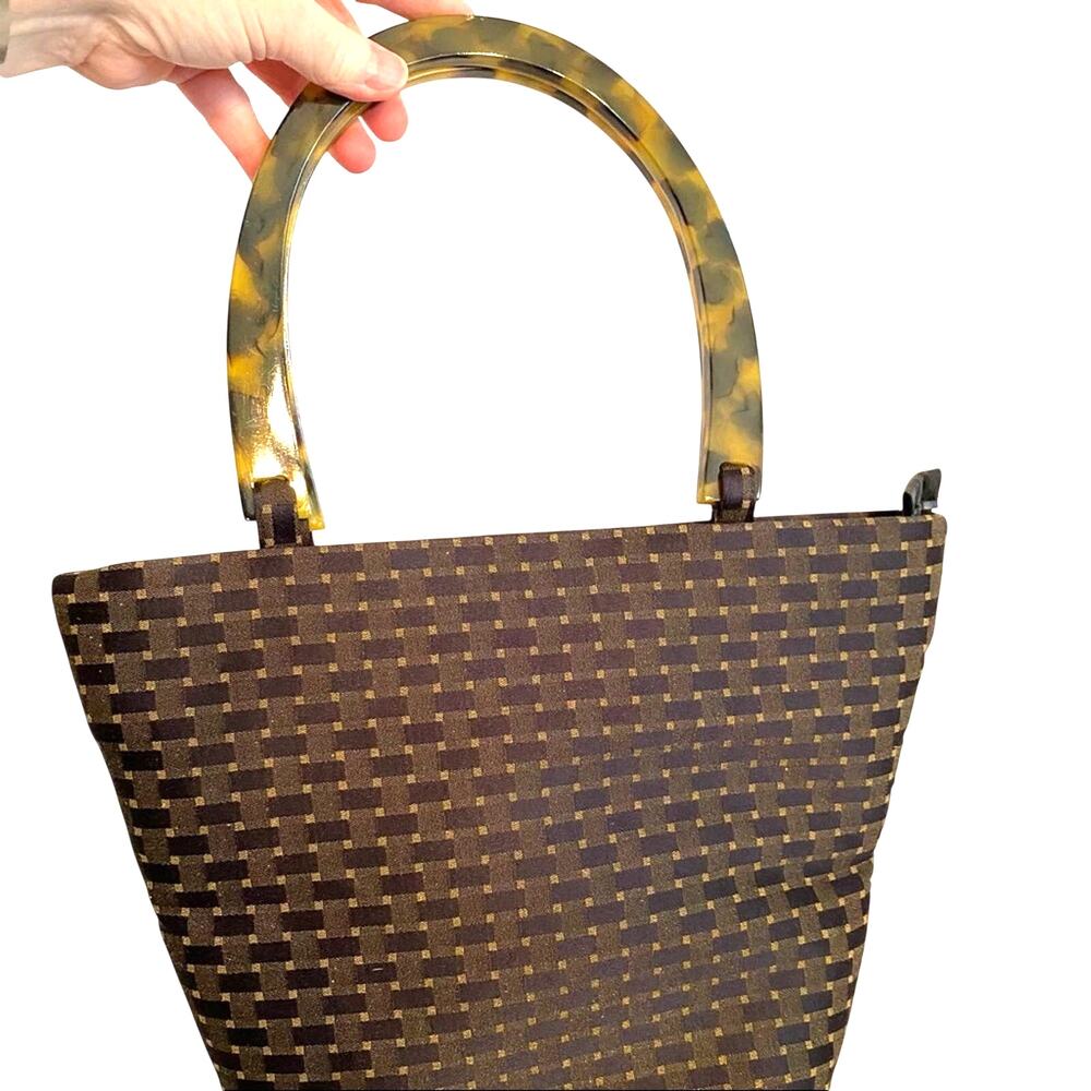 Vintage 80's top zip 2-handle bag fabric purse faux tortoise shell handles tote